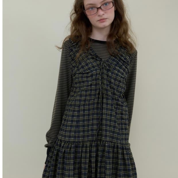 노컨텐츠 체크 밴딩 슬리브 원피스 카키 