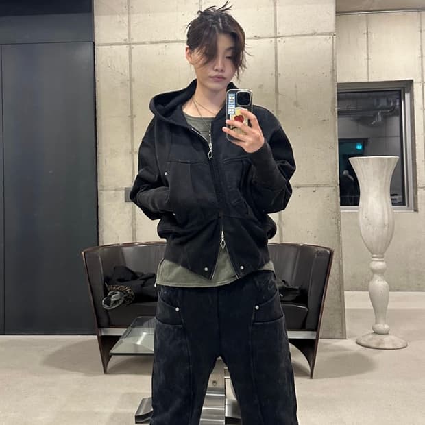 (M) 미스치프 빅포켓 후디 워시드블랙