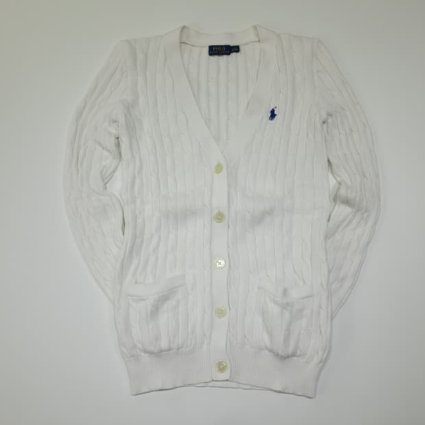 CL863 S 폴로 코튼 케이블 브이넥 화이트 니트 가디건