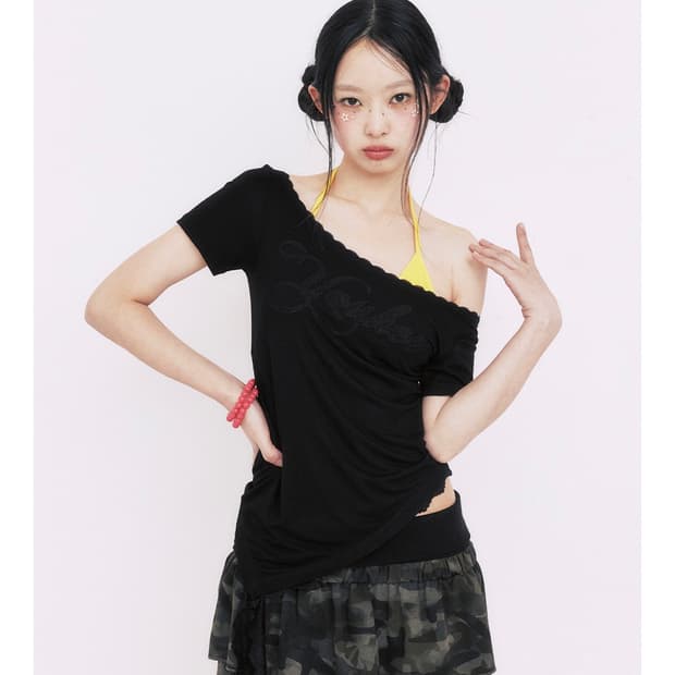 유희 레이스 언발란스 티셔츠 블랙 LACE UNBALANCE TSHIRT