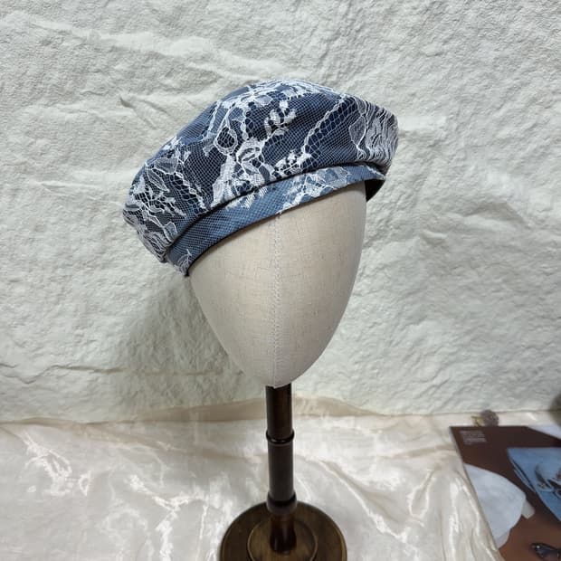 빈티지 데님블루 레이스 조절가능 베레모 화가모자