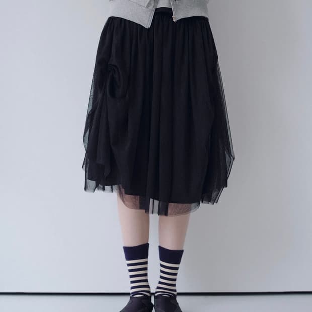 오헤시오 SHEER DRAPE BANDING SKIRT, BLACK