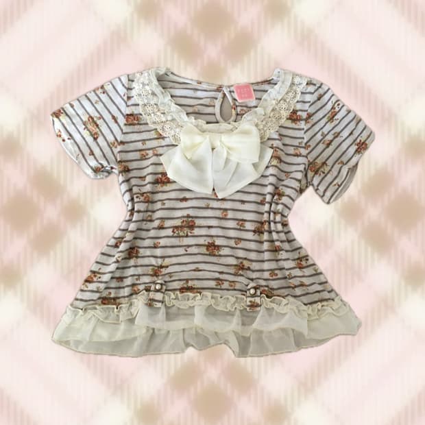 엑시즈팜 리본 스트라이프 탑 니트 반팔 히메 갸루 러블리 라떼 로걀