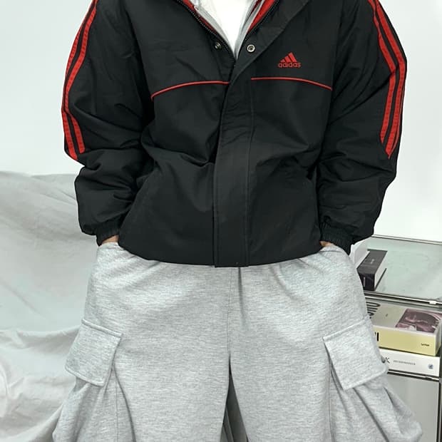 아디다스 블랙 레드 리버시블 빅로고 후디 점퍼 95