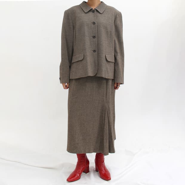 일본 빈티지 울 브라운 트위드 자켓 스커트 셋업