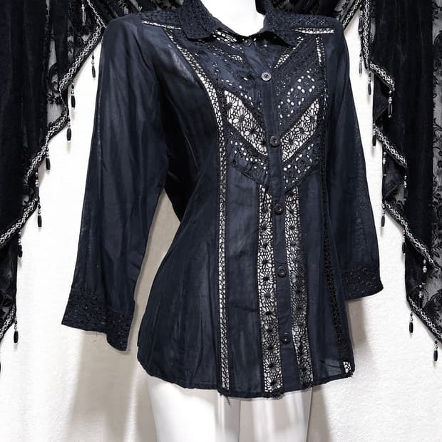 오리엔탈 고스펑크 고딕 레이스 펀칭 블랙 블라우스 중티 다크페어리 핀터