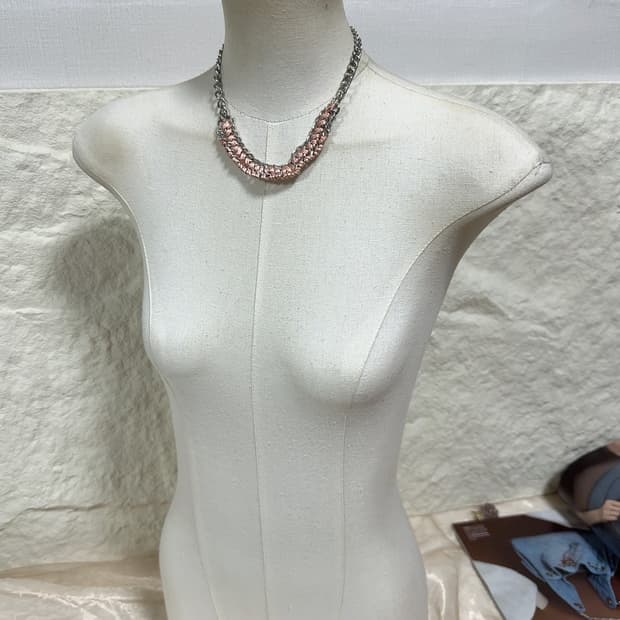 빈티지 핑크 리본 브레이드 쿠바체인 목걸이