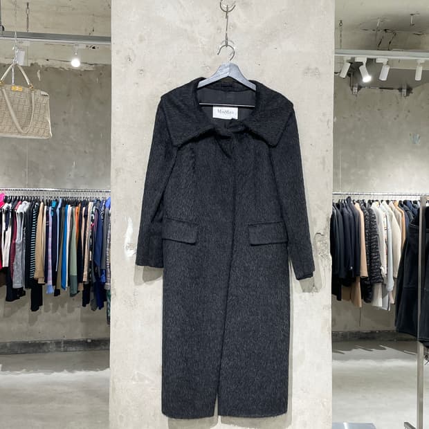 막스마라 블랙 플랫 카라 히든 버튼 알파카 울 코트