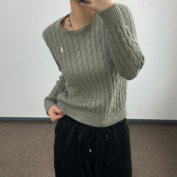 Polo 폴로 아이보리 포니 라이트 카키 케이블 니트