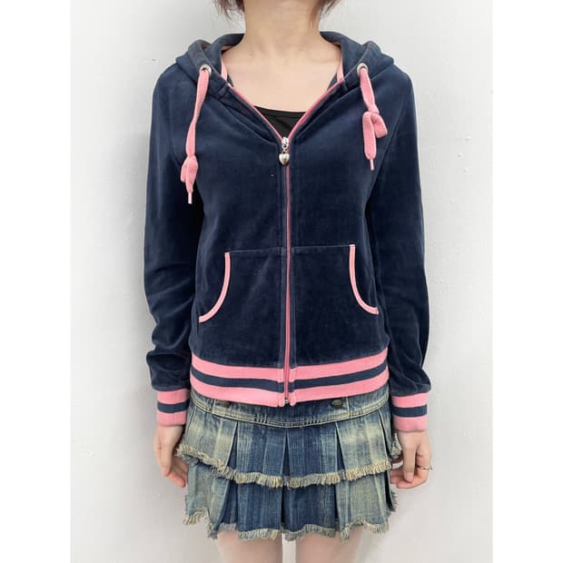 네이비 벨벳 핑크 하트 집업