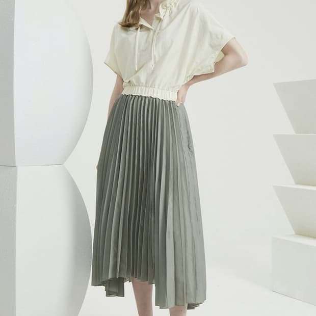 한섬 타임 2021 플리츠 믹스 원피스 82-94-160사이즈