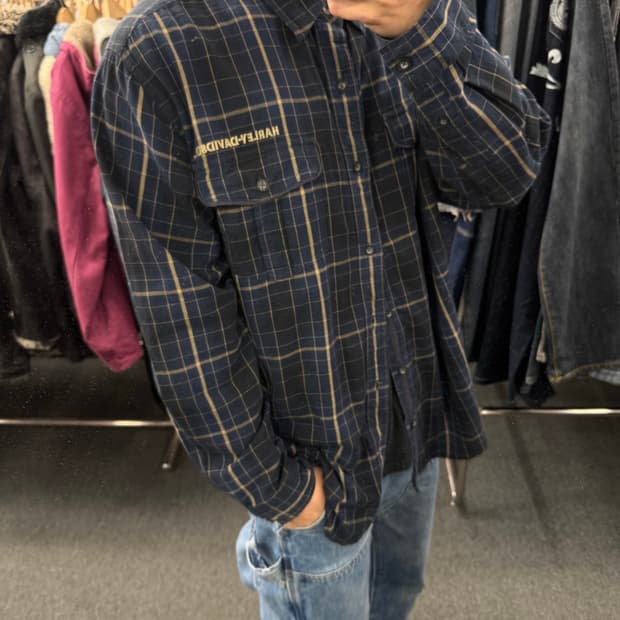2XL)할리데이비슨 빈티지 블루&베이지 체크패턴 긴팔 셔츠