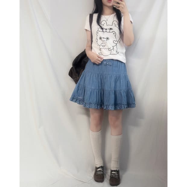 도트 패턴 레이어드 데님 스커트