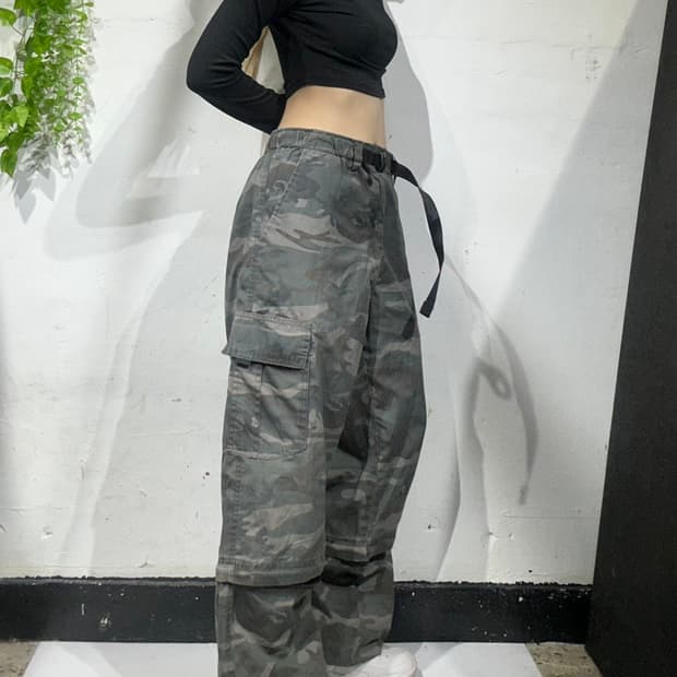 일본 빈티지 카키 무릅 절개 포인트 와이드 카고 팬츠 