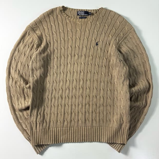 Polo  폴로 랄프로렌 90,s 자수 코튼 베이지 꽈배기 니트 