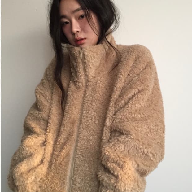 더기 하이넥 부클 집업 자켓 베이지