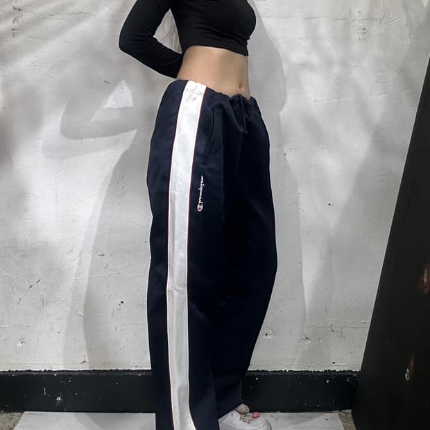 챔피온 네이비 와이드 화이트 사이드 라인 추리닝 바지 트레이닝 팬츠 L