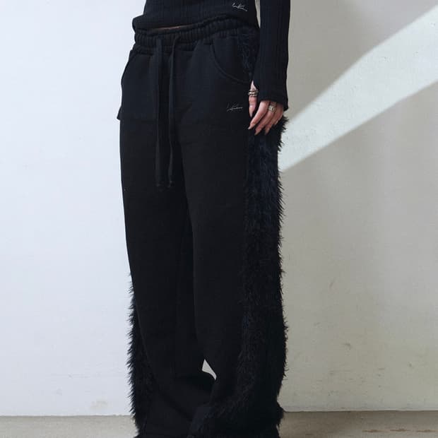 Lekim 블랙 퍼 트리밍 와이드 스웻팬츠 2 새상품