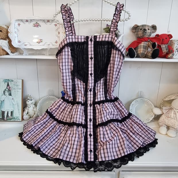 블랙핑크 체크 레이스 코르셋 원피스