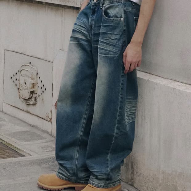 남녀공용 어널레코드 엠보워싱 데님팬츠 그린블루 L