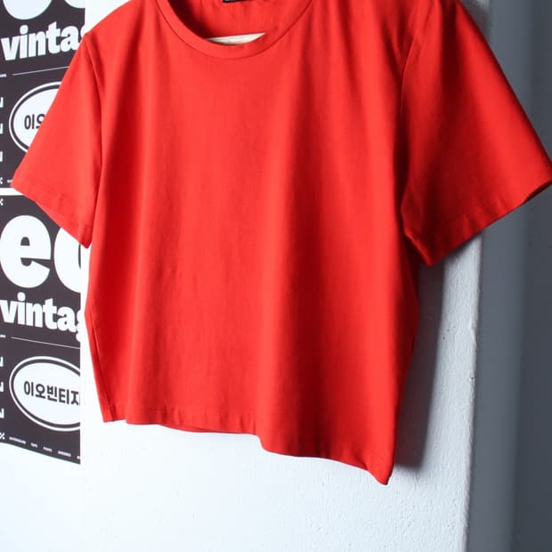 W(XL) 자라 반팔 티셔츠 크롭 무지 레드-H34630