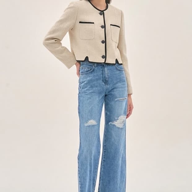 배색 라인 포인트 노카라 크롭 자켓 55