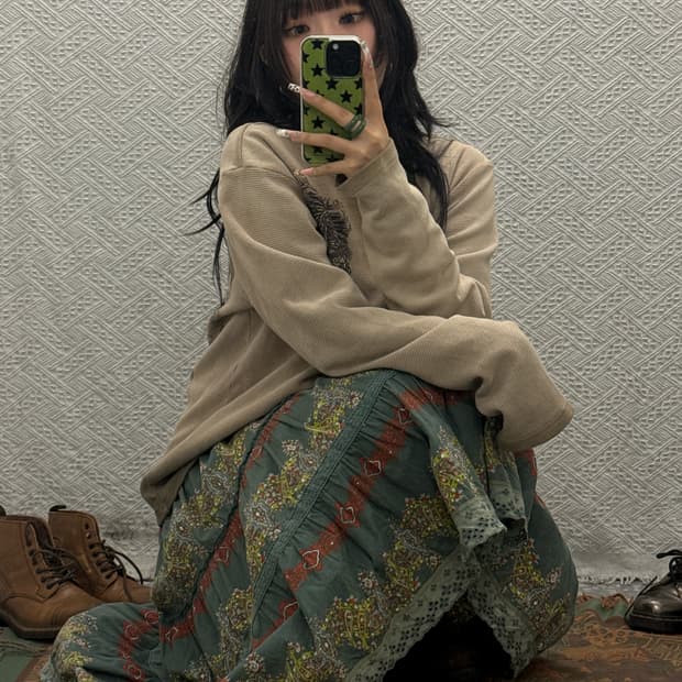 빈티지 코지 보헤미안 모리걸 에스닉 패턴 미디 롱스커트 K0159