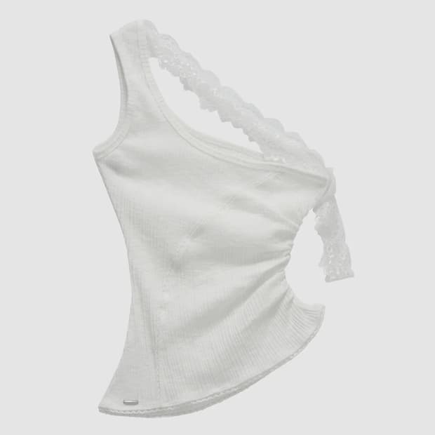 에트오소메 Lace One-Shoulder Shirring Top 
