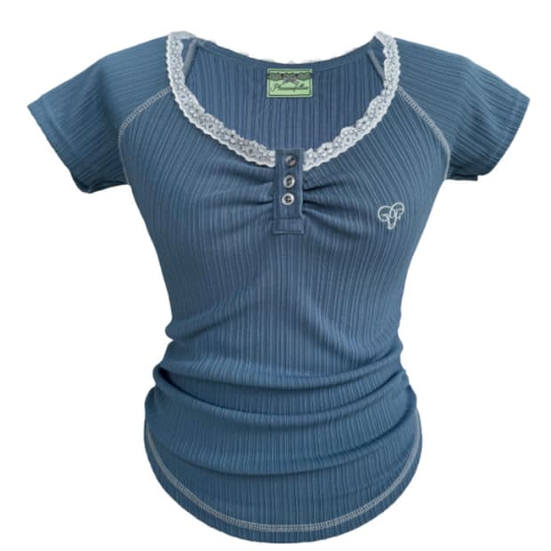 플리즈노팔로우 다나 버튼 레이스탑 빈티지블루