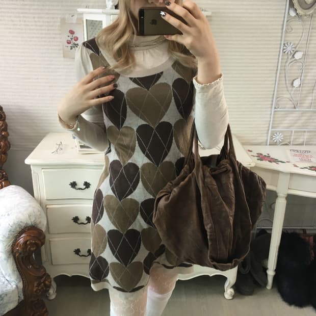 Set)하트 아가일 니트원피스 + 레이스풀오버