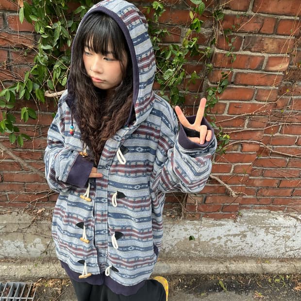 블루 히피 패턴 더플 후드 집업