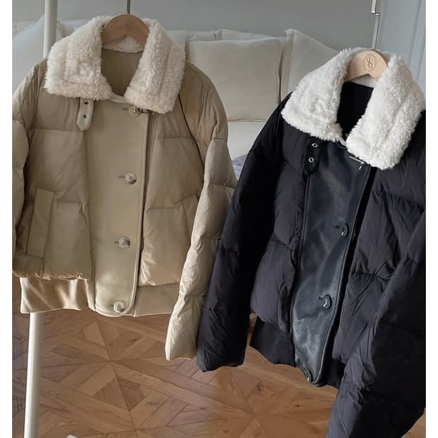 쏭라벨 무스탕 하이넥 덕다운 패딩 블랙