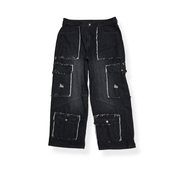 빈티지 흑청 카고 스티치 멀티 포켓 와이드 데님