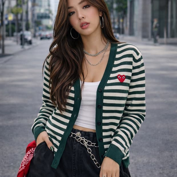 Comme 꼼데가르송 PLAY 스트라이프 하트로고 그린 코튼 가디건