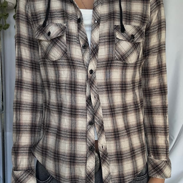 빈티지 코튼 후드 체크 긴팔셔츠
