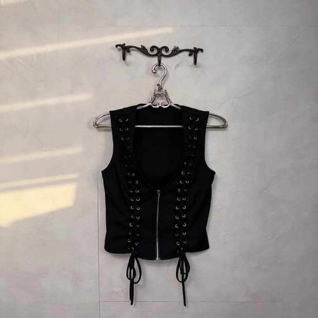 Black corset laceup zipup vest