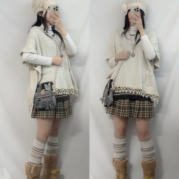 울 블렌디드 폼폼 태슬 후디드 케이프