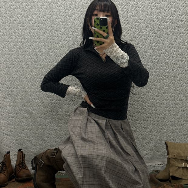 빈티지 코지 러블리 모카무스 아가일 체크 단추 롱슬리브 K0092