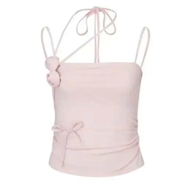 [페인오어플레져 로즈 코사지 슬리브리스 핑크] 발레코어 나시 클리시어st