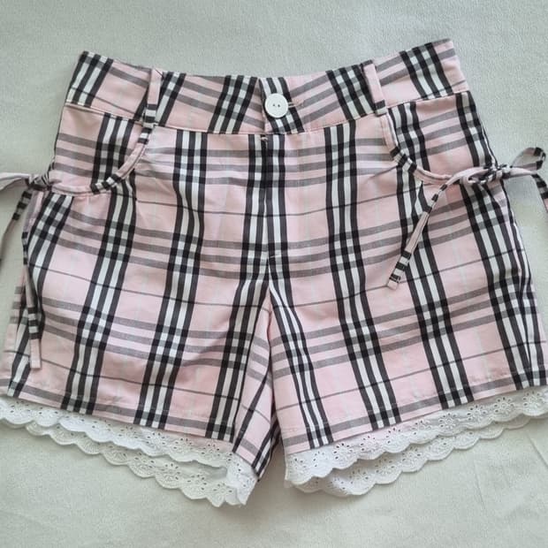 빈티지 모리걸 하구미 갸루 핑크 체크 리본 팬츠
