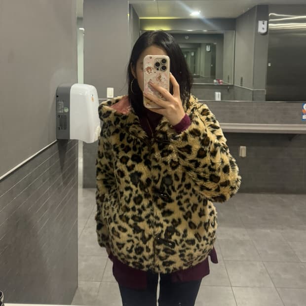 일본 갸루 레오파드 퍼 후드 자켓