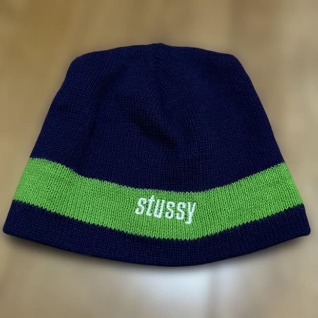 09FW 스투시 리미티드 에디션 투톤 스트라이프 비니 네이비라임