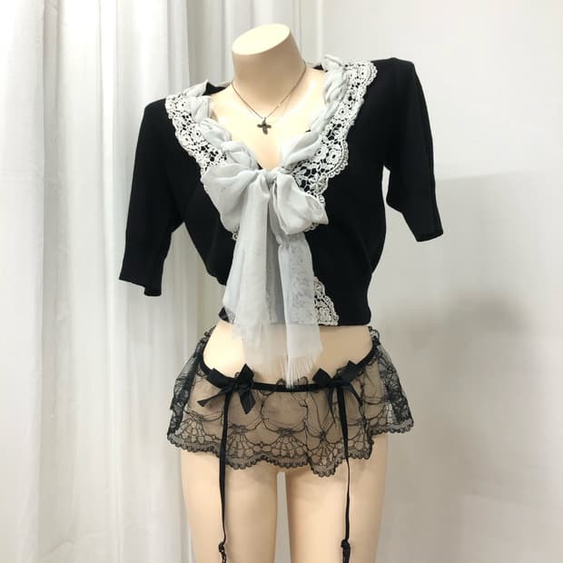 black crop ribbon lace cardigan