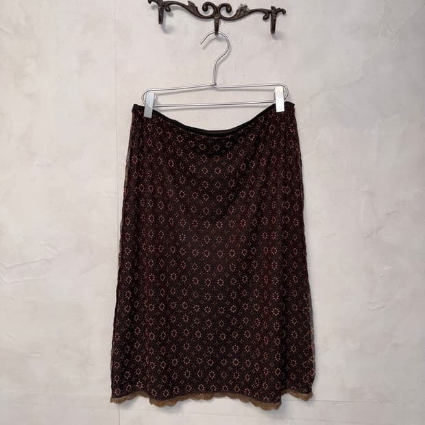 Pink brown bohemian flower midi skirt