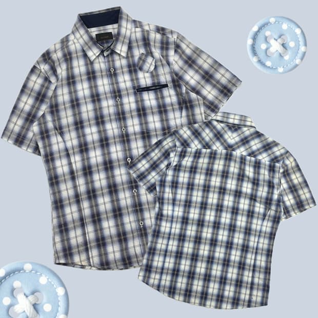 TETE HOMME 보헤미안 펑크 블루 체크 카라 셔츠 일본 빈티지