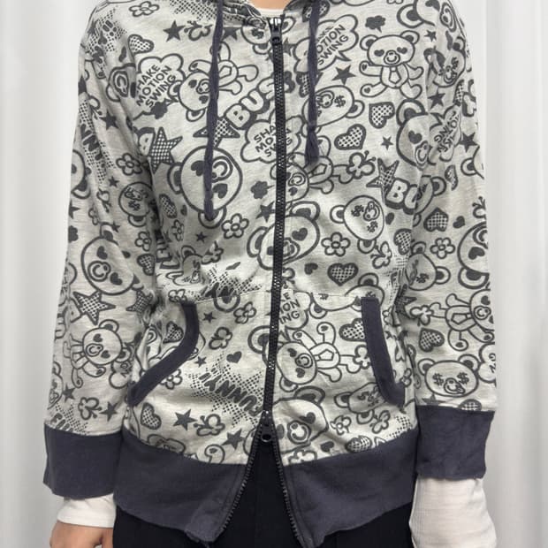 cute printing hood twoway zipup