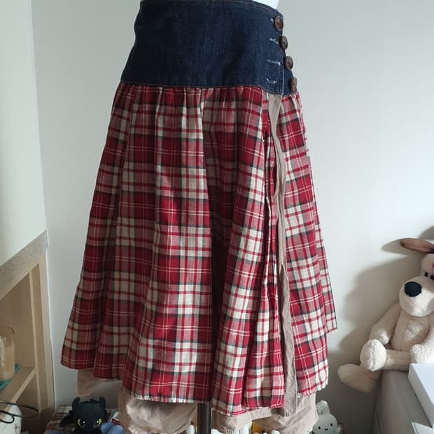 [빈티지] 체크 롱 스커트 데님 허리 치마