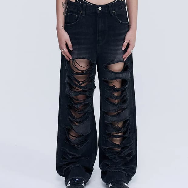 락케이크 피아 데미지 와이드 진 청바지 M