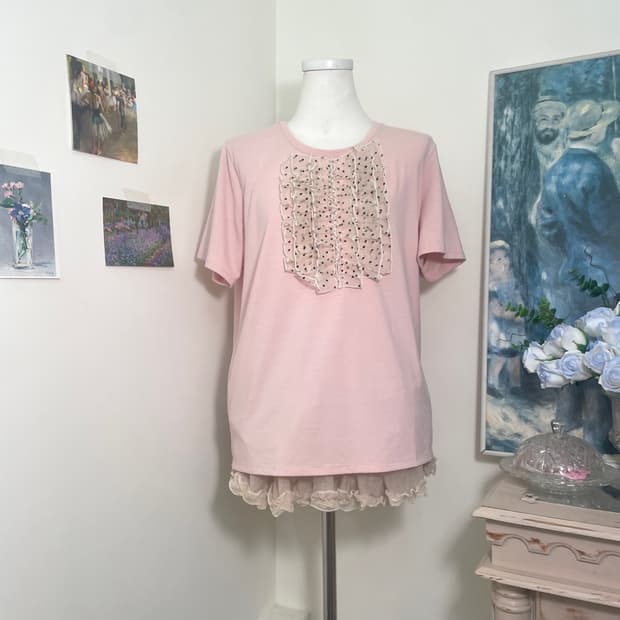 pink dot ruffle half top(size-L)