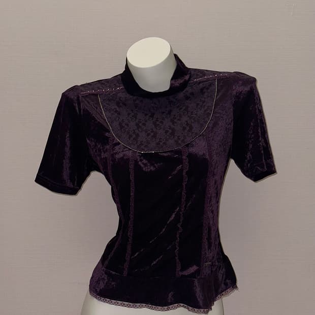 딥퍼플 빈티지 벨벳 반폴라 반소매 블라우스